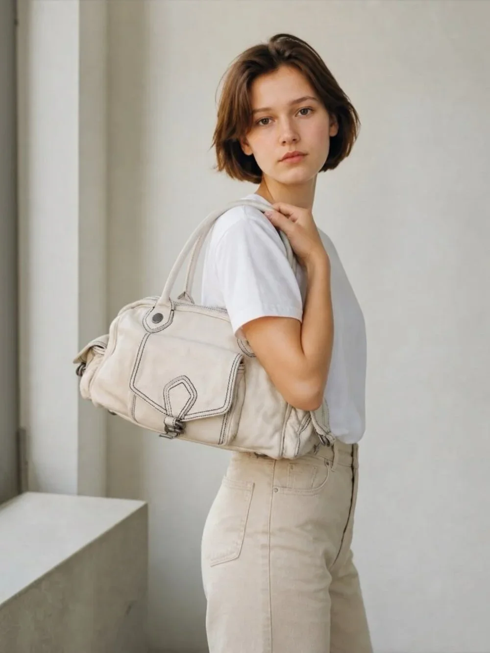 Vintage Marc Jacobs White/Ivory Leather Multi-Pocket Y2K Satchel HandBag Auth